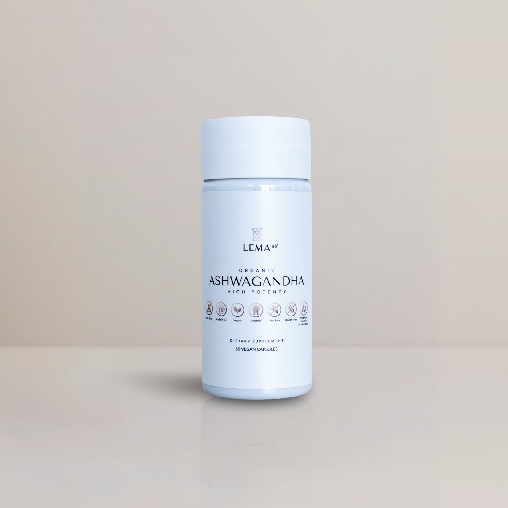 LEMAlab Organic Ashwagandha supplement container on a light beige background