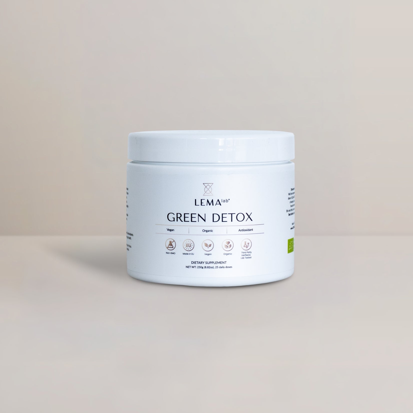 Jar of LEMAlab Green Detox on a beige background