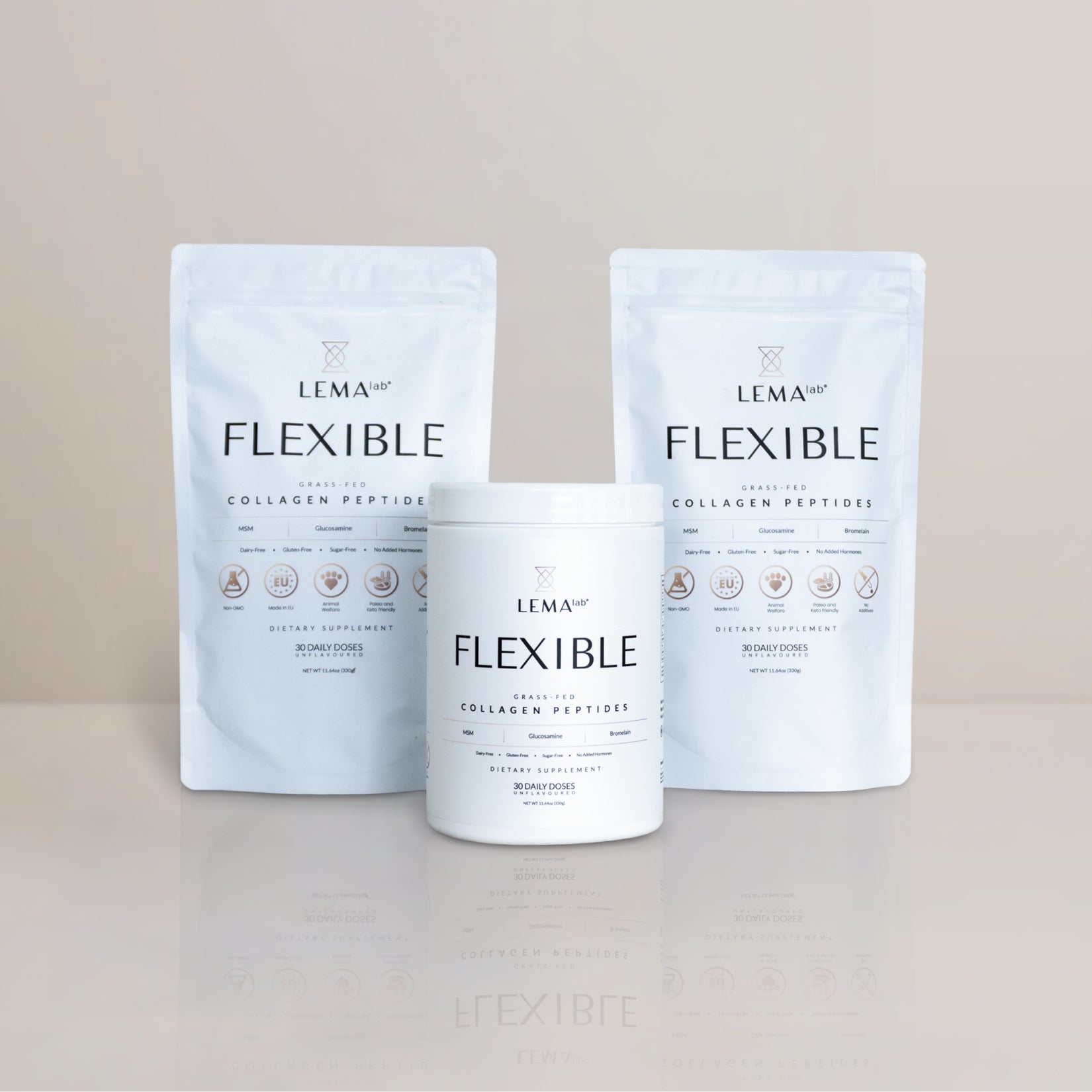 Three packages of LEMAlab Flexible Collagen Supplement on a light gray background