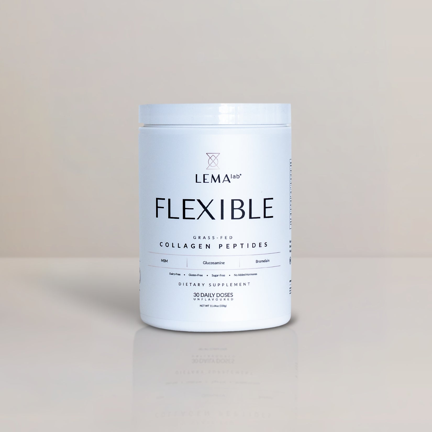 Container of LEMAlab Flexible Collagen supplement on a neutral background